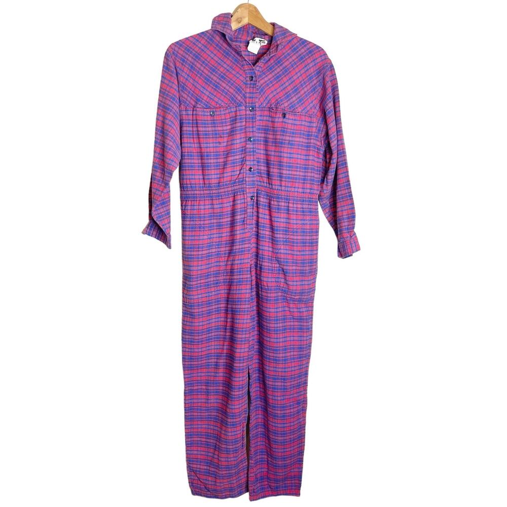 Miss Dior Vintage Plaid Flannel Jumpsuit‎ Pink Blue Cotton Made in Portugal